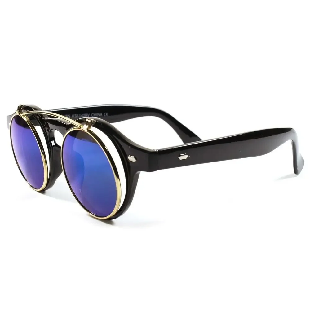 Flip-Up Blue Mirrored Round Sunglasses Retro 70s 80s Unisex